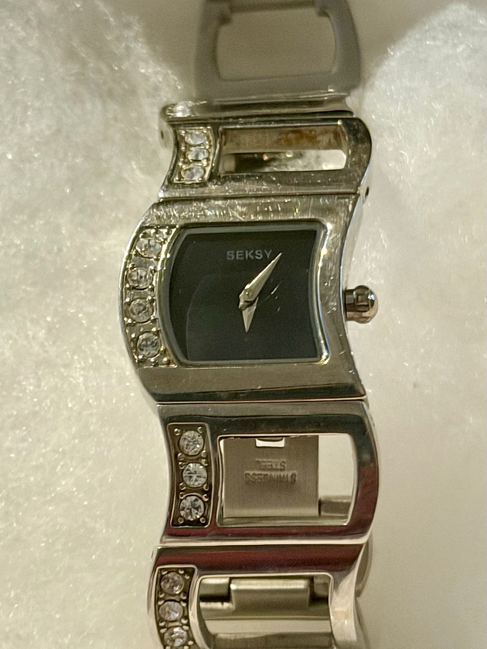 Women's Silver Bracelet Watch with Black Dial and Crystal Accents